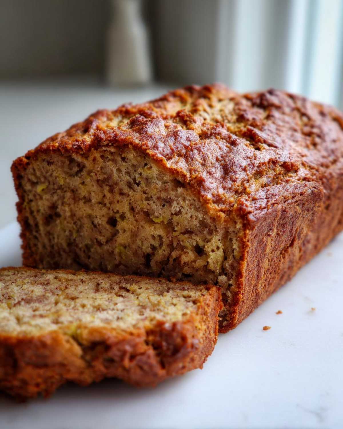A golden-brown loaf of zucchini banana bread, partially sliced on a white surface.
