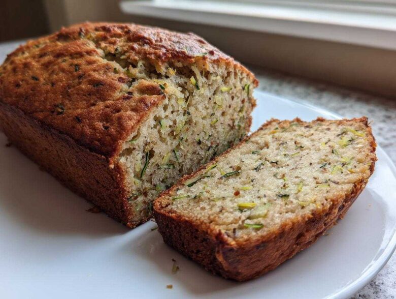 A golden brown loaf of zucchini banana bread sliced open on a white plate, showing moist texture.