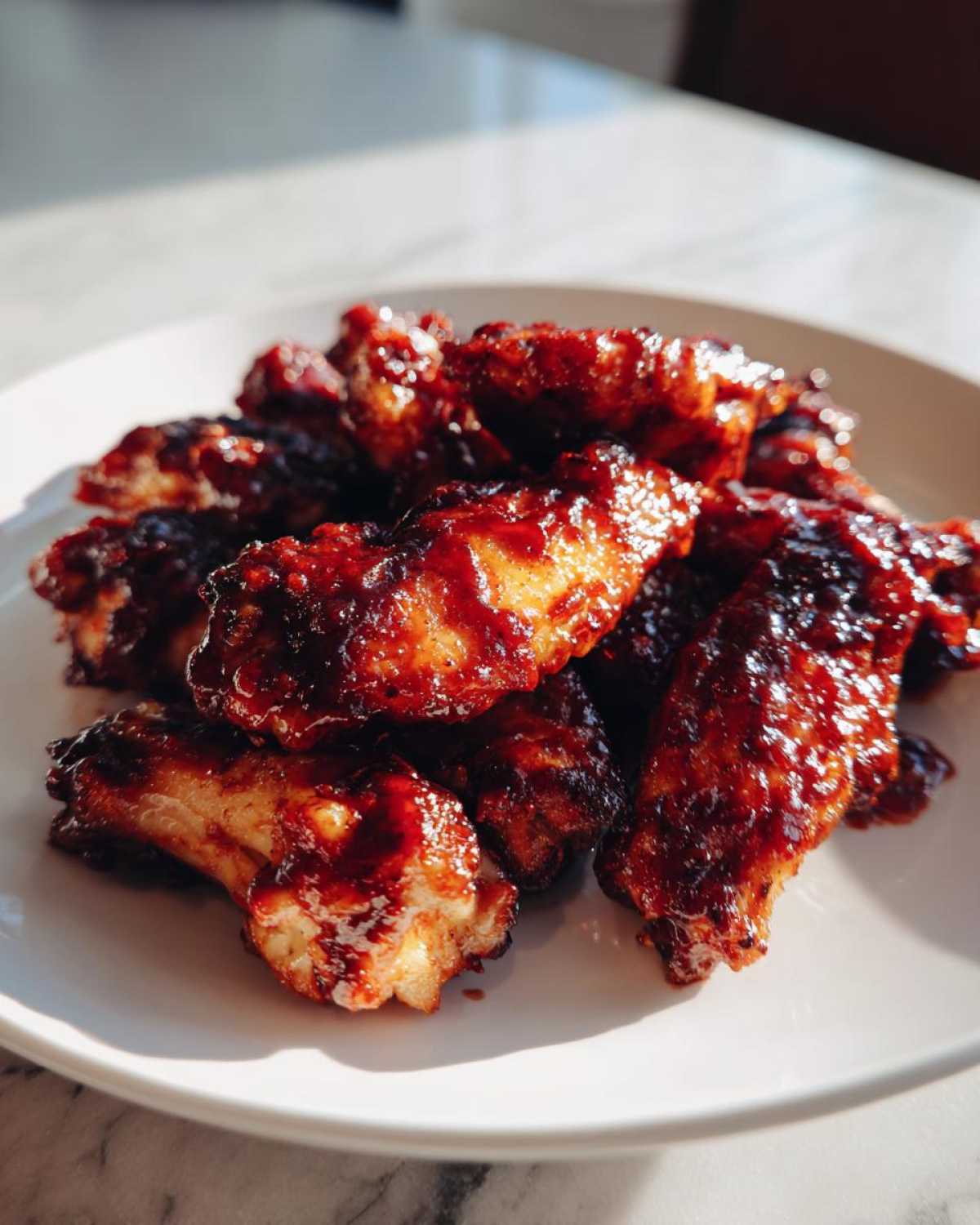 A close-up of glistening, saucy Air Fryer BBQ Chicken Wings piled high on a white plate.
