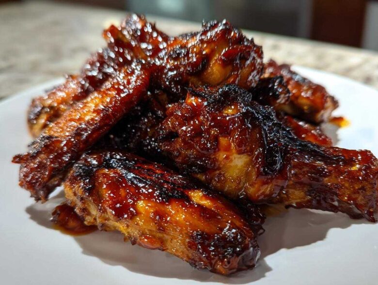 A close-up of a pile of sticky, caramelized Air Fryer BBQ Chicken Wings glistening with sauce on a white plate.