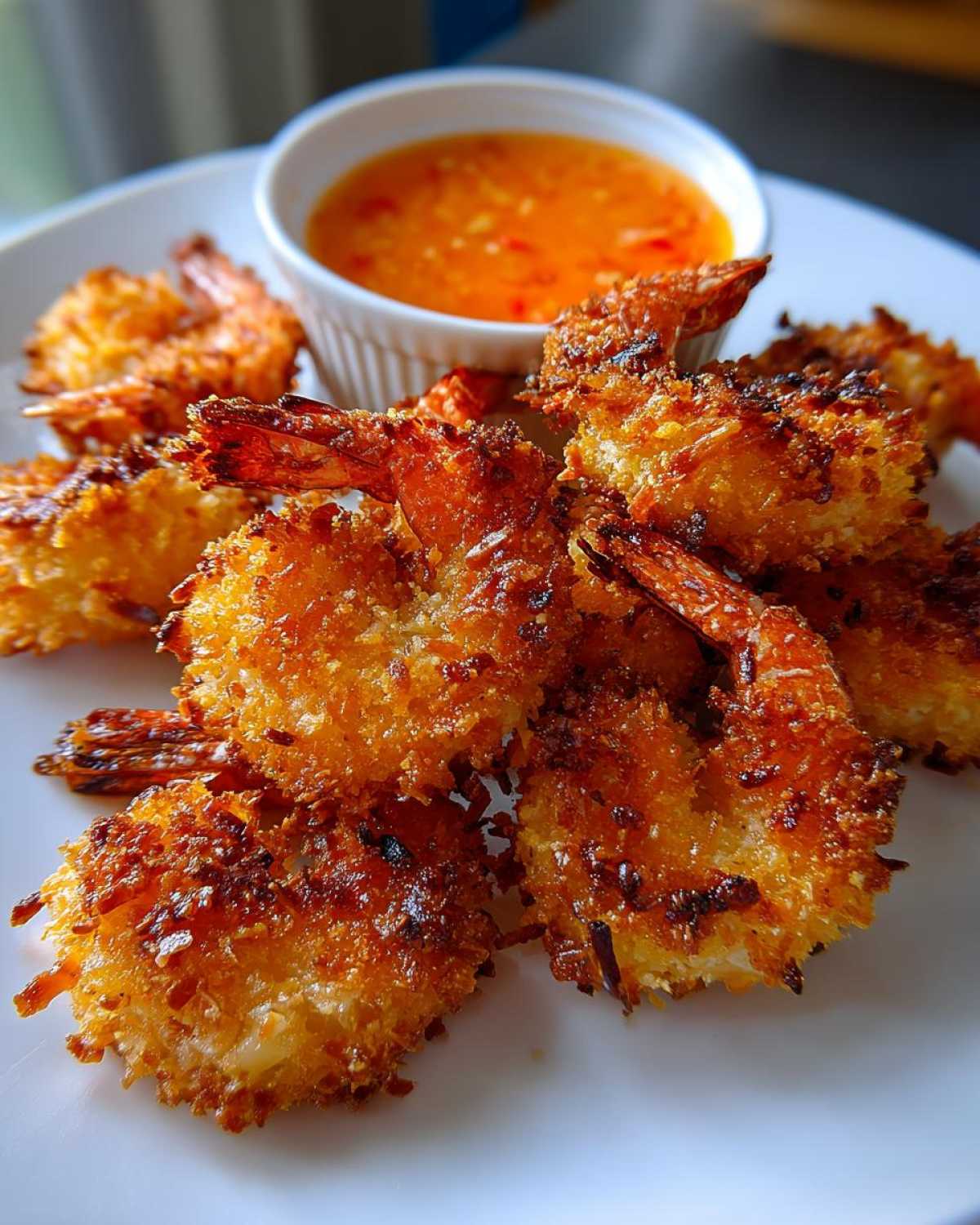 Close-up of crispy, golden Air Fryer Coconut Shrimp piled on a white plate next to a small bowl of sweet chili sauce.