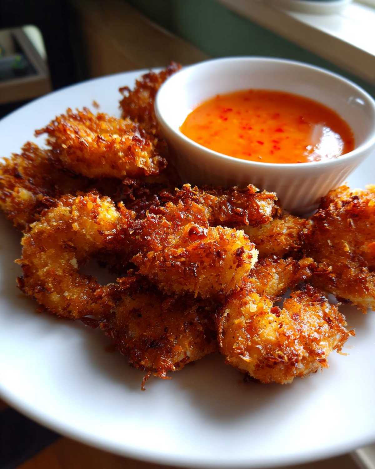 Golden brown Air Fryer Coconut Shrimp piled on a white plate next to a small bowl of sweet chili sauce.