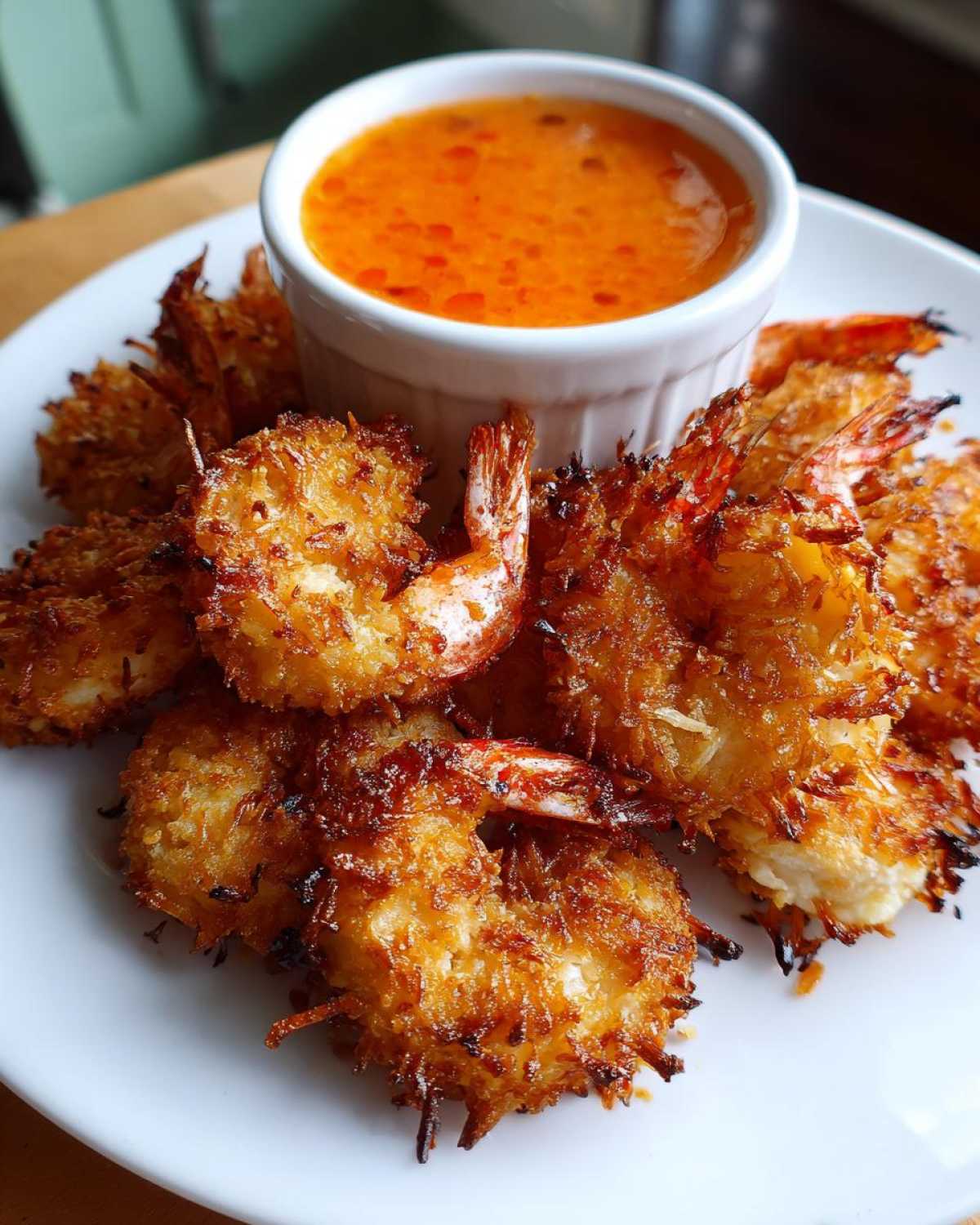 Golden brown, crispy Air Fryer Coconut Shrimp served on a white plate with a small ramekin of bright orange sweet chili sauce.