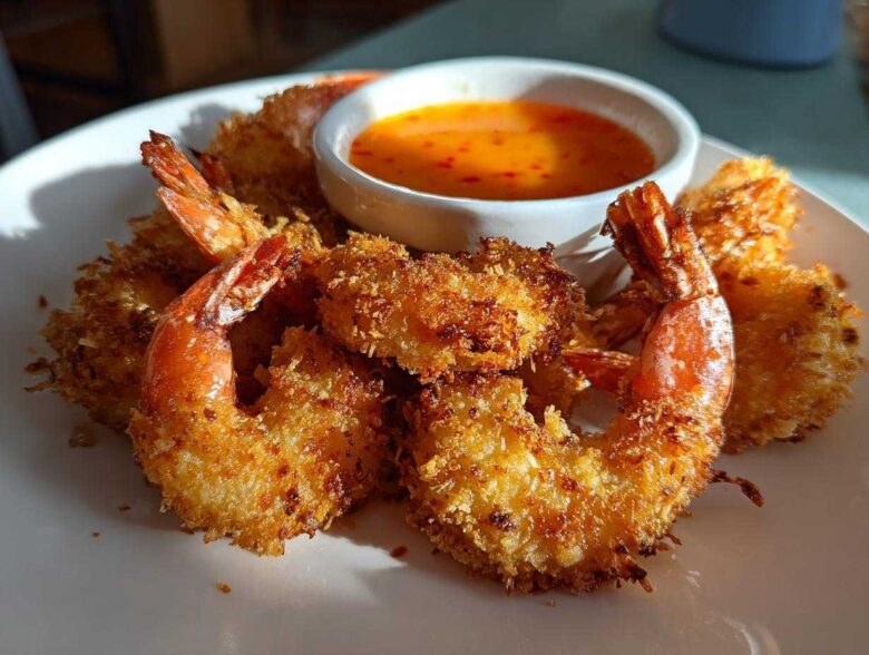 Golden brown, crispy Air Fryer Coconut Shrimp piled on a white plate next to a small bowl of sweet chili sauce.