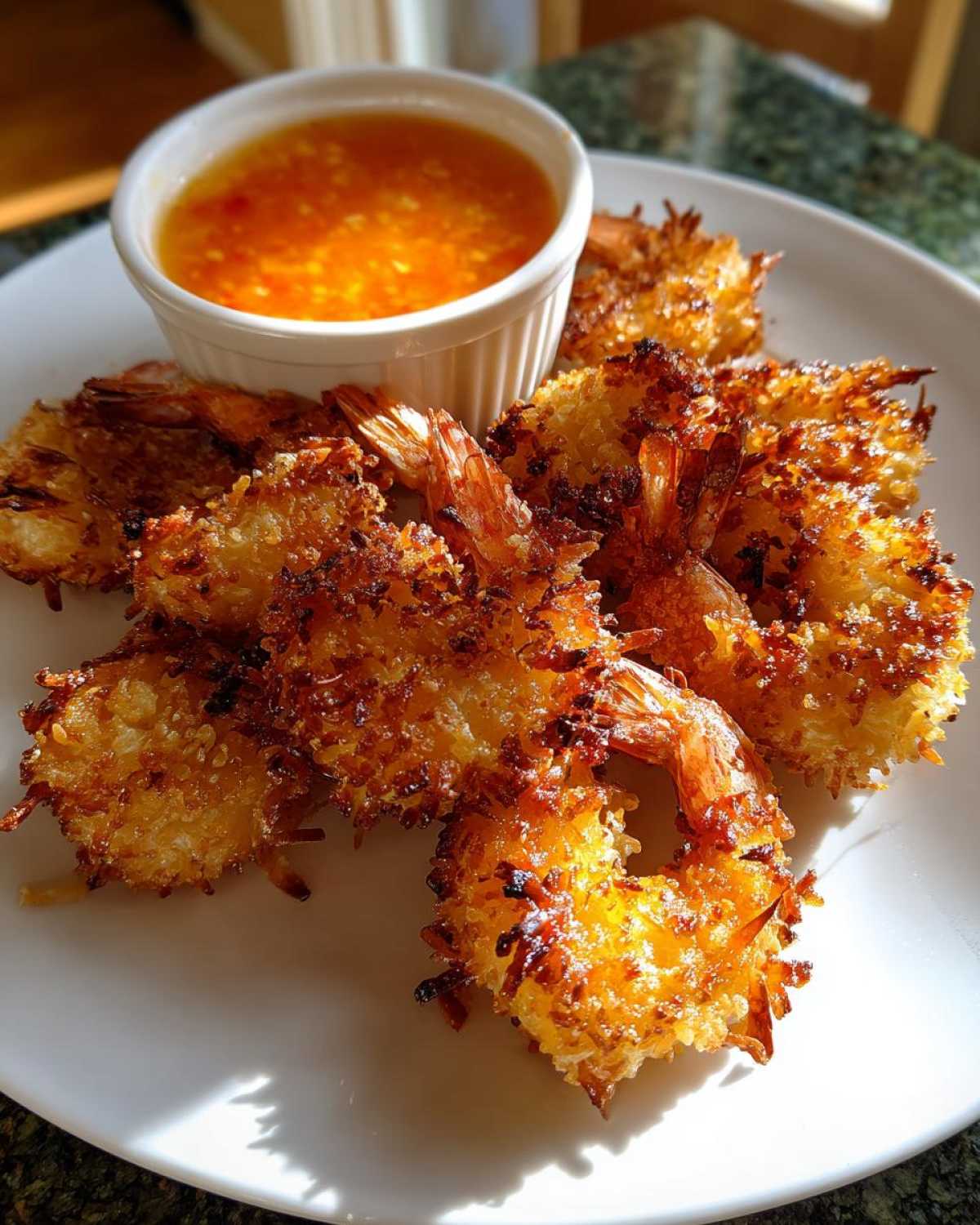 Golden brown, crispy Air Fryer Coconut Shrimp served on a white plate next to a small bowl of sweet chili sauce.