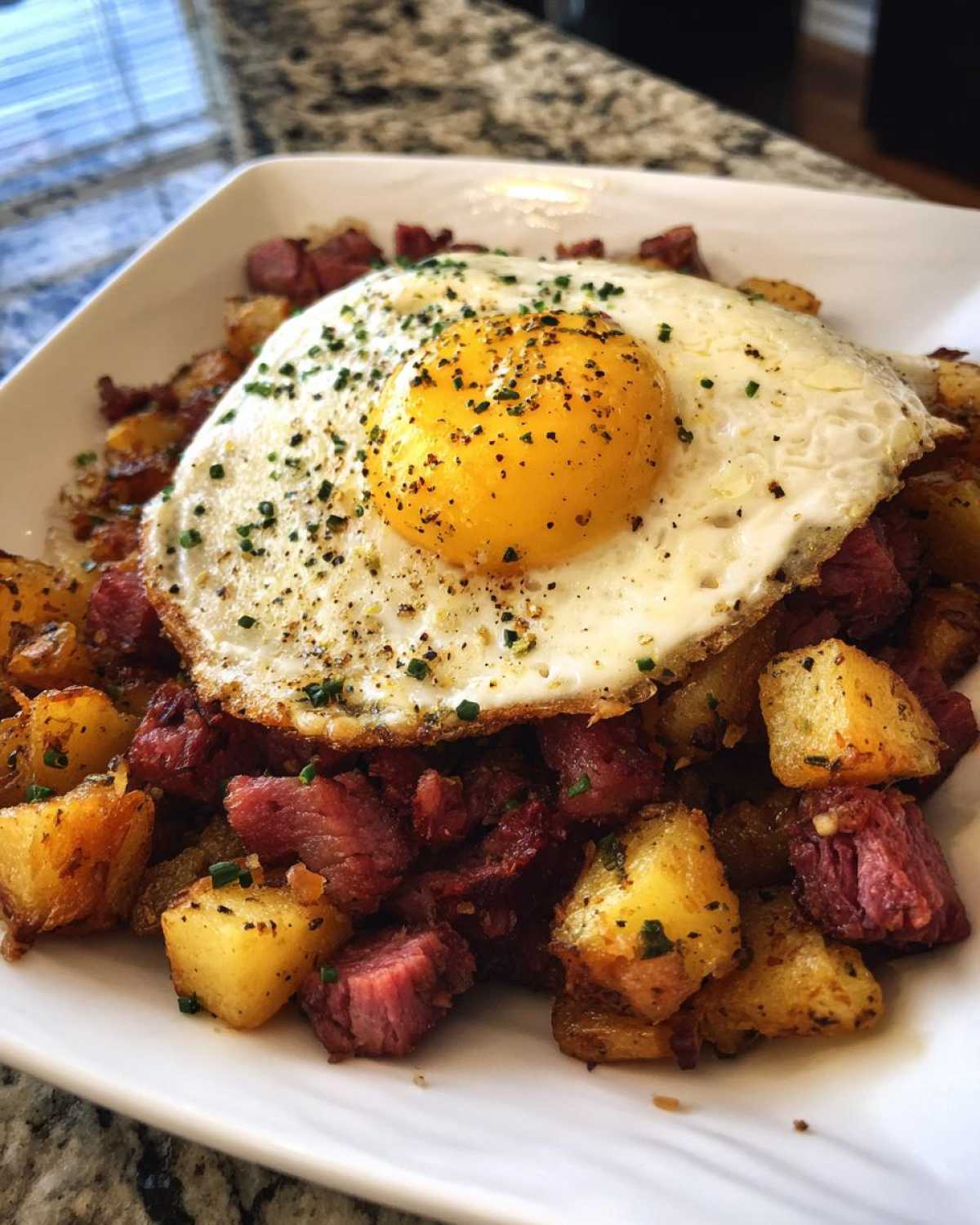 A serving of Air Fryer Corned Beef Hash with crispy potatoes, diced corned beef, and a sunny-side-up egg on top.