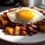 A plate of crispy Air Fryer Corned Beef Hash topped with a perfectly cooked sunny-side-up egg.