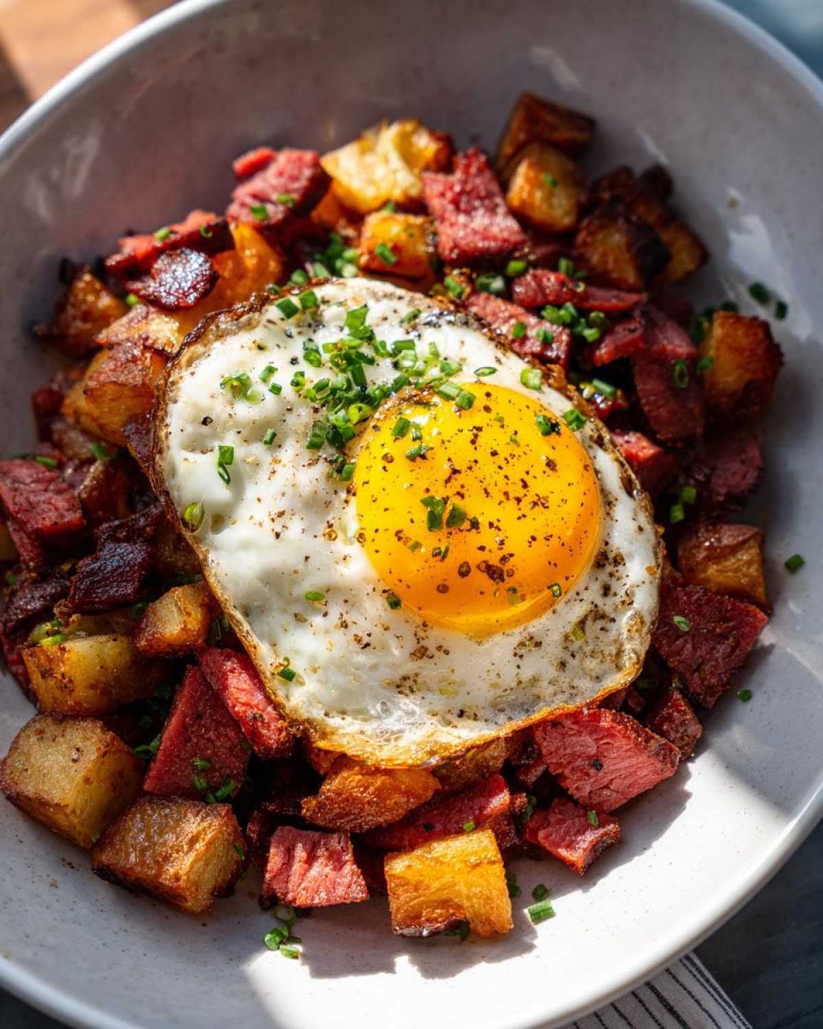 Close-up of Air Fryer Corned Beef Hash with crispy potatoes and a sunny-side-up egg topped with chives.
