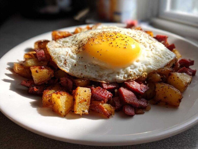 A plate of crispy Air Fryer Corned Beef Hash topped with a perfectly cooked sunny-side-up egg.