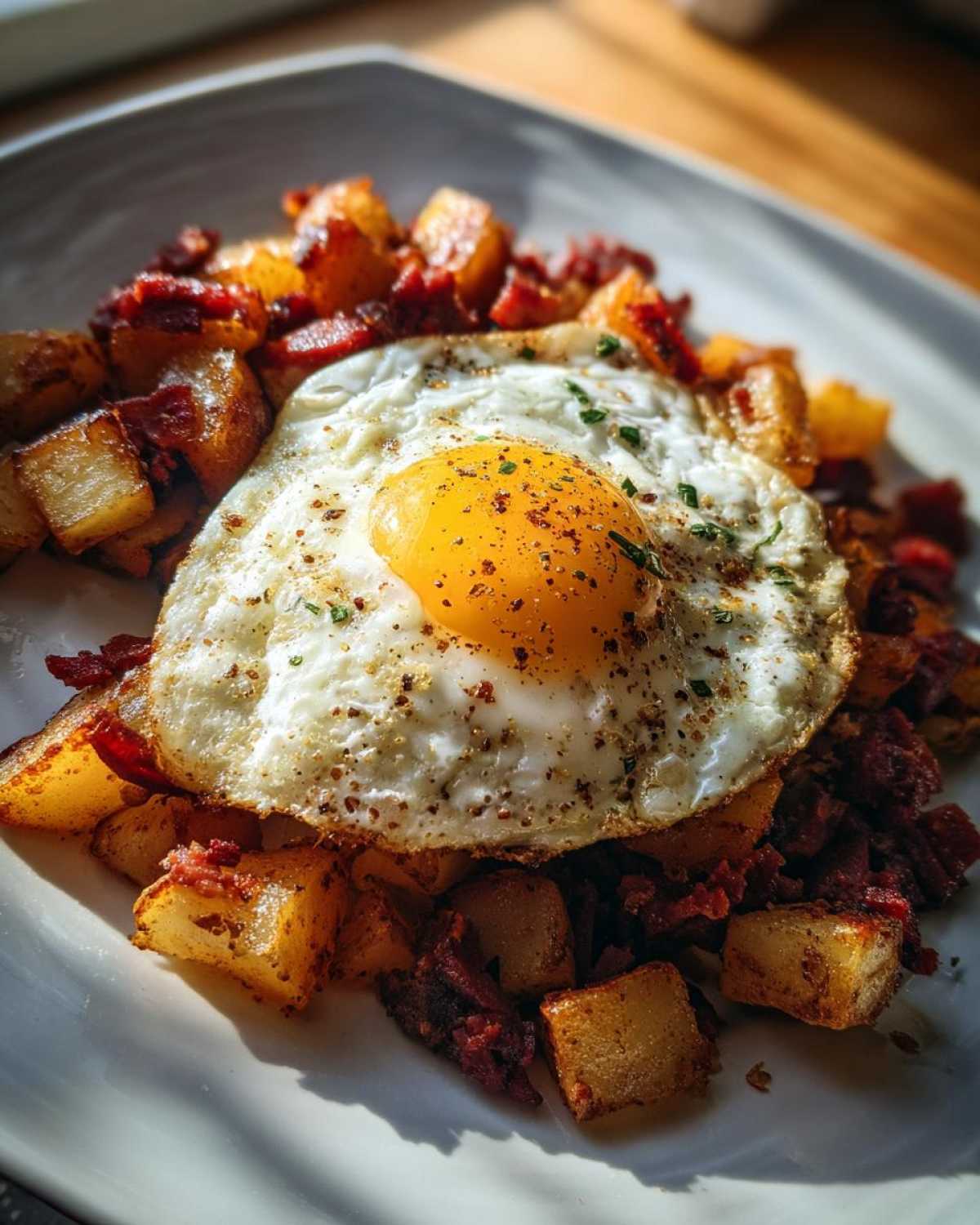 Close-up of Air Fryer Corned Beef Hash with Crispy Potatoes topped with a sunny-side-up egg.