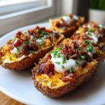 Four halves of Air Fryer Crispy Potato Skins loaded with cheese, sour cream, bacon bits, and chives on a white plate.