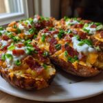 Close-up of several Air Fryer Crispy Potato Skins loaded with melted cheese, bacon, sour cream, and chives.