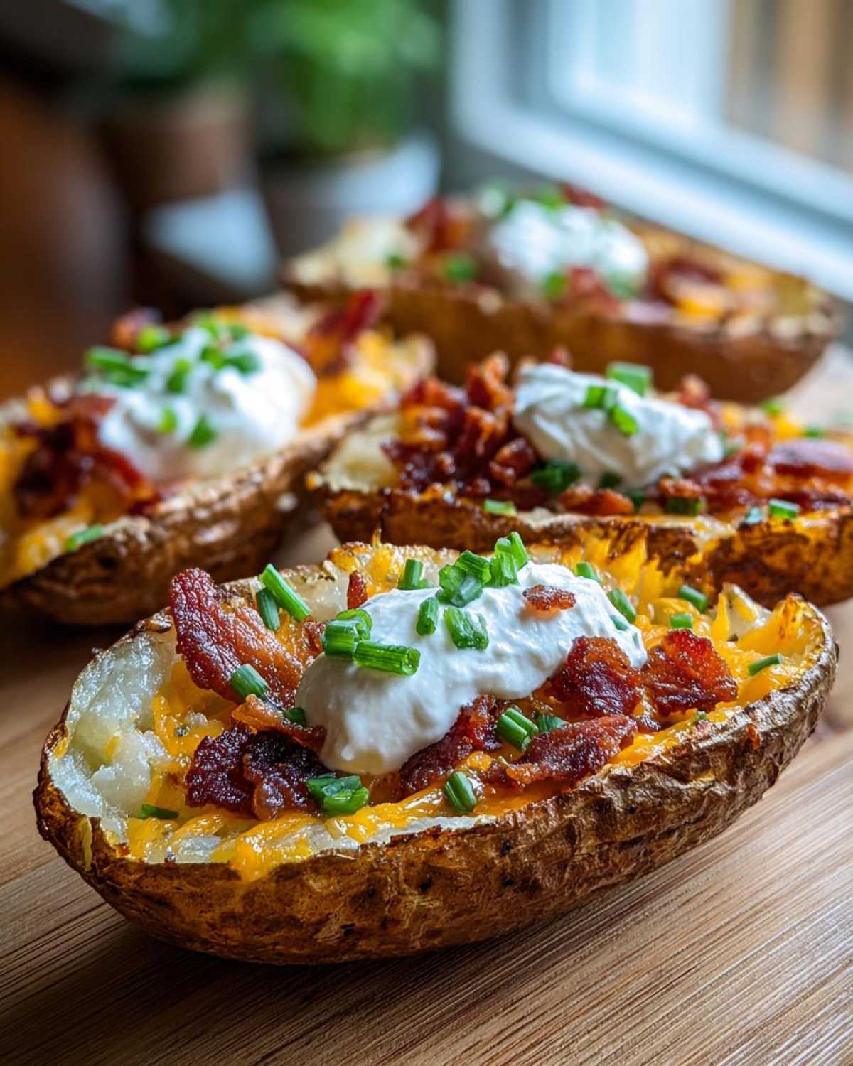 Close-up of Air Fryer Crispy Potato Skins loaded with melted cheese, bacon bits, sour cream, and chives.