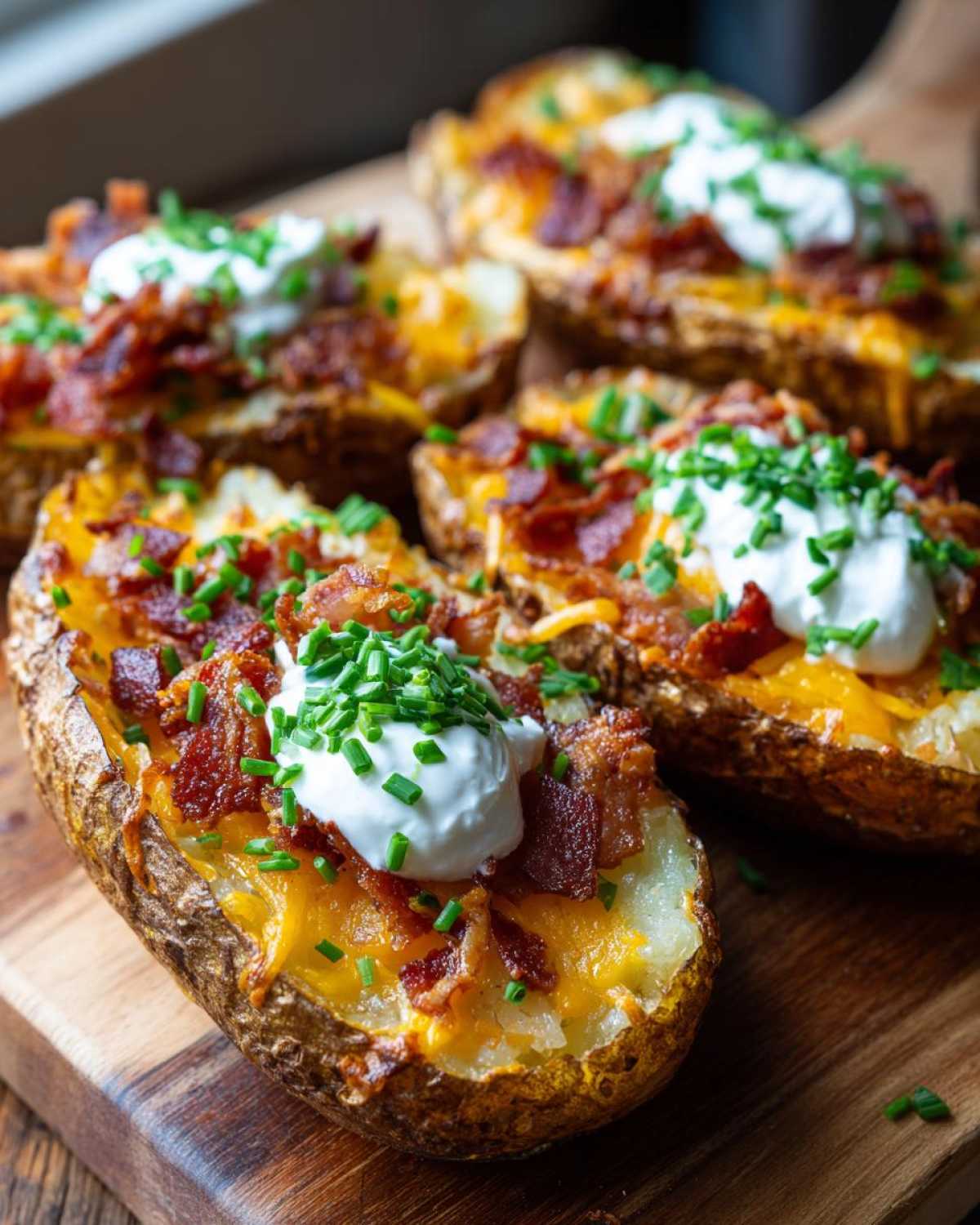 Close-up of several Air Fryer Crispy Potato Skins loaded with melted cheese, bacon bits, sour cream, and chives.