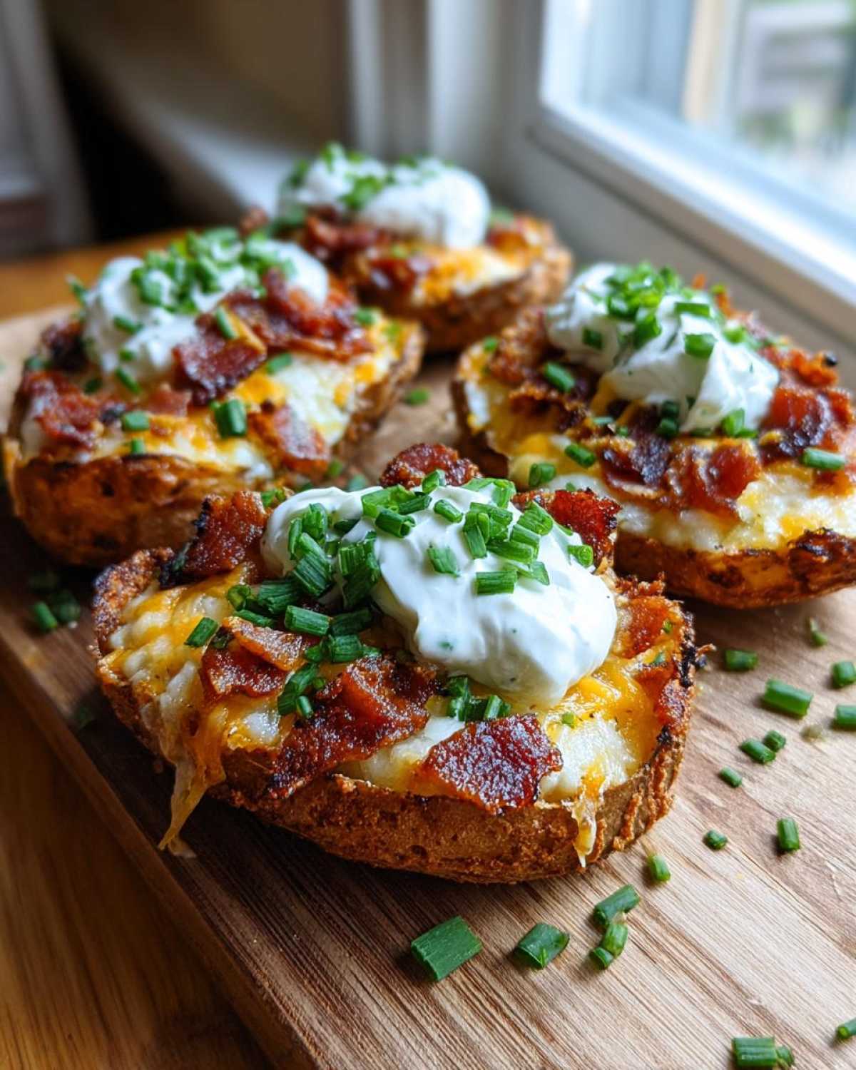 Four loaded Air Fryer Crispy Potato Skins topped with melted cheese, bacon bits, sour cream, and fresh chives.