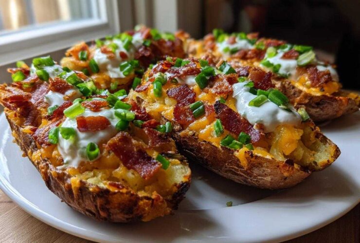 Close-up of several Air Fryer Crispy Potato Skins loaded with melted cheese, bacon, sour cream, and chives.