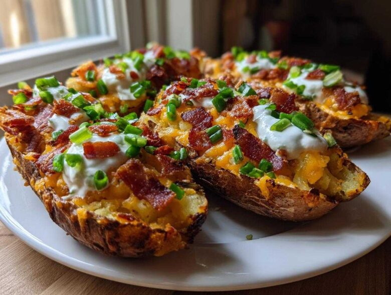 Close-up of several Air Fryer Crispy Potato Skins loaded with melted cheese, bacon, sour cream, and chives.