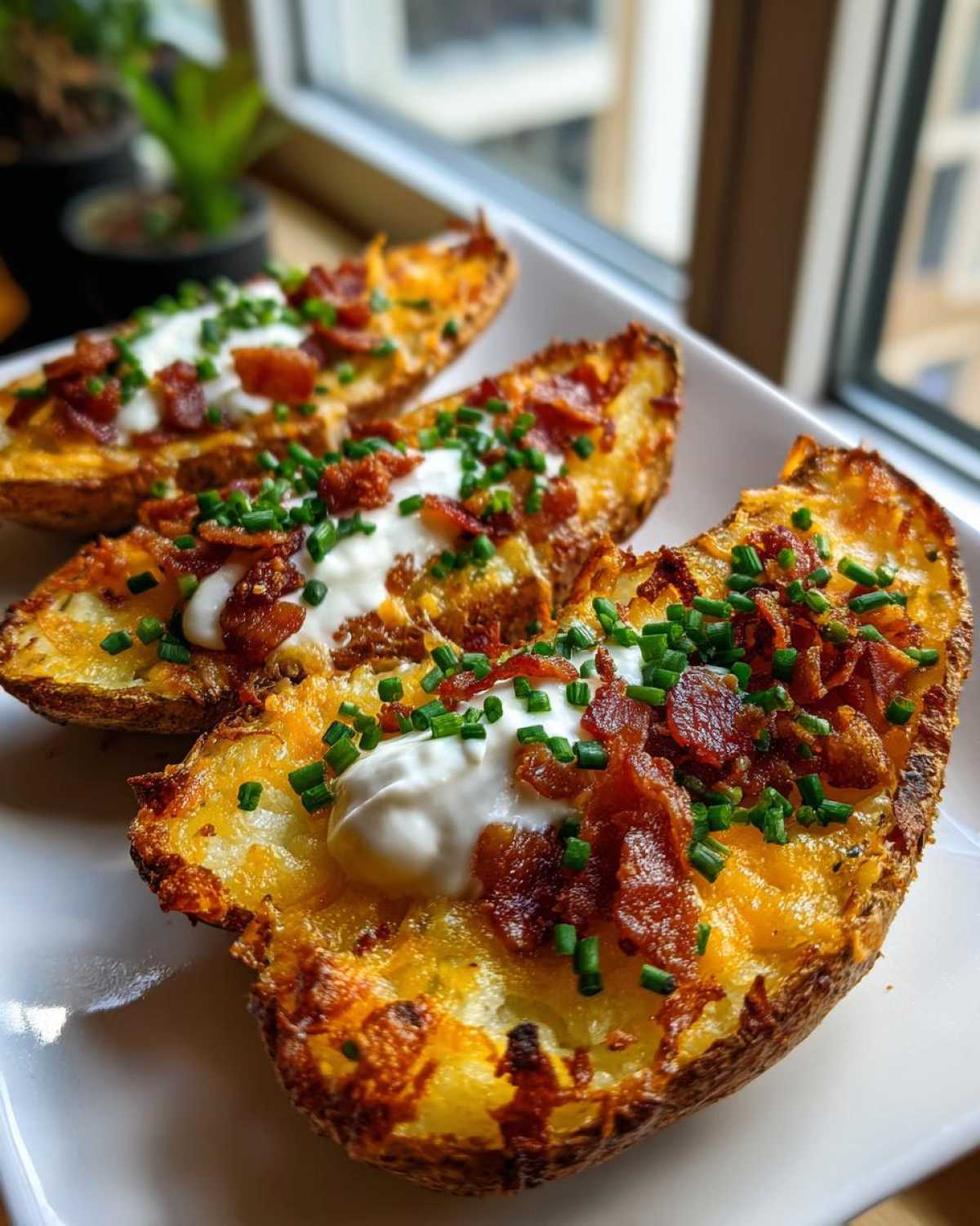 Three perfectly cooked Air Fryer Crispy Potato Skins topped with melted cheese, sour cream, bacon bits, and fresh chives.