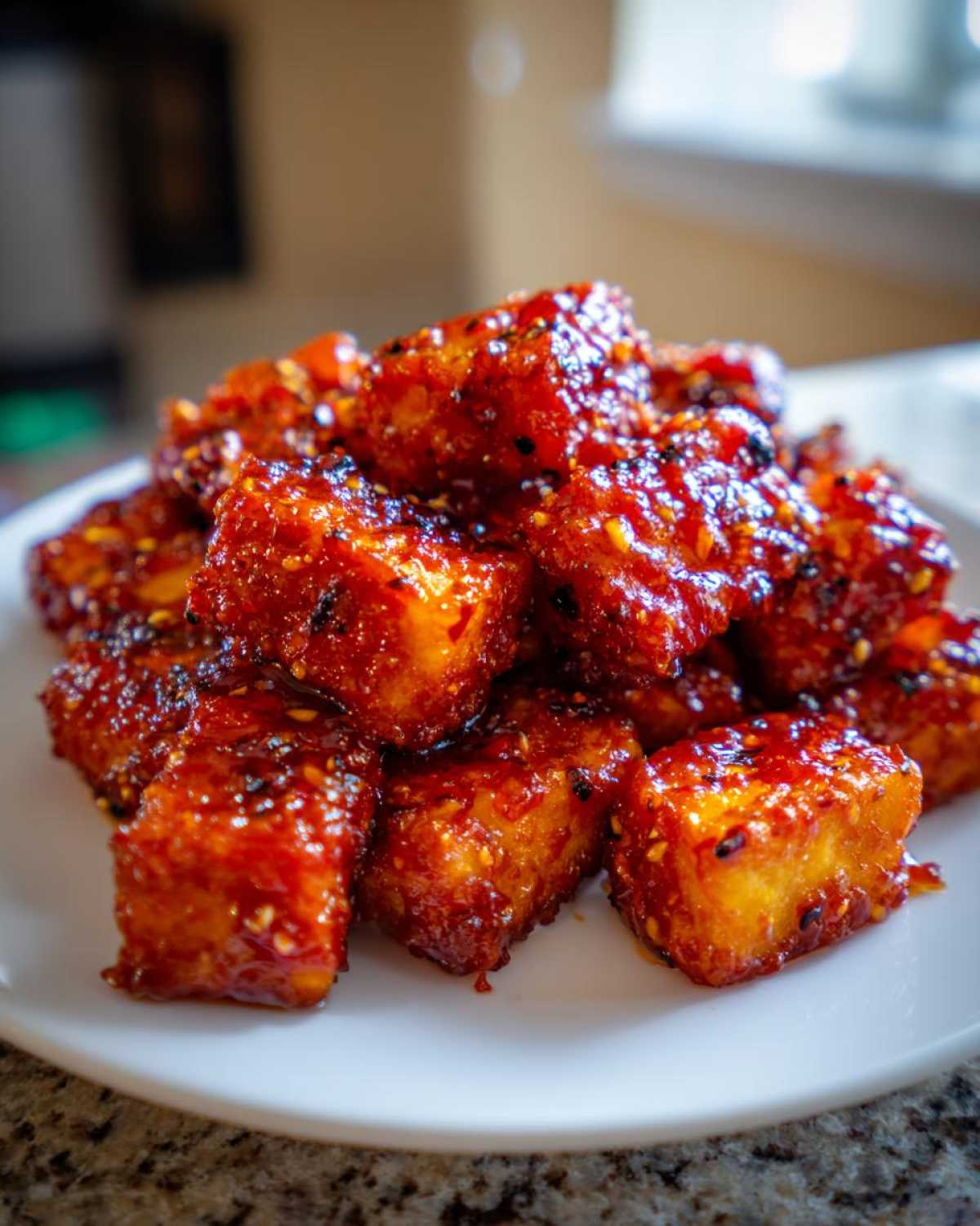 Close-up of crispy Air Fryer Crispy Tofu with Sweet Chili Glaze piled on a white plate.