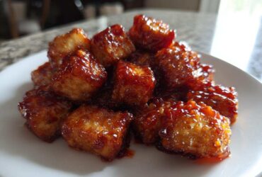 A pile of golden, crispy tofu cubes coated in a thick, shiny sweet chili glaze.