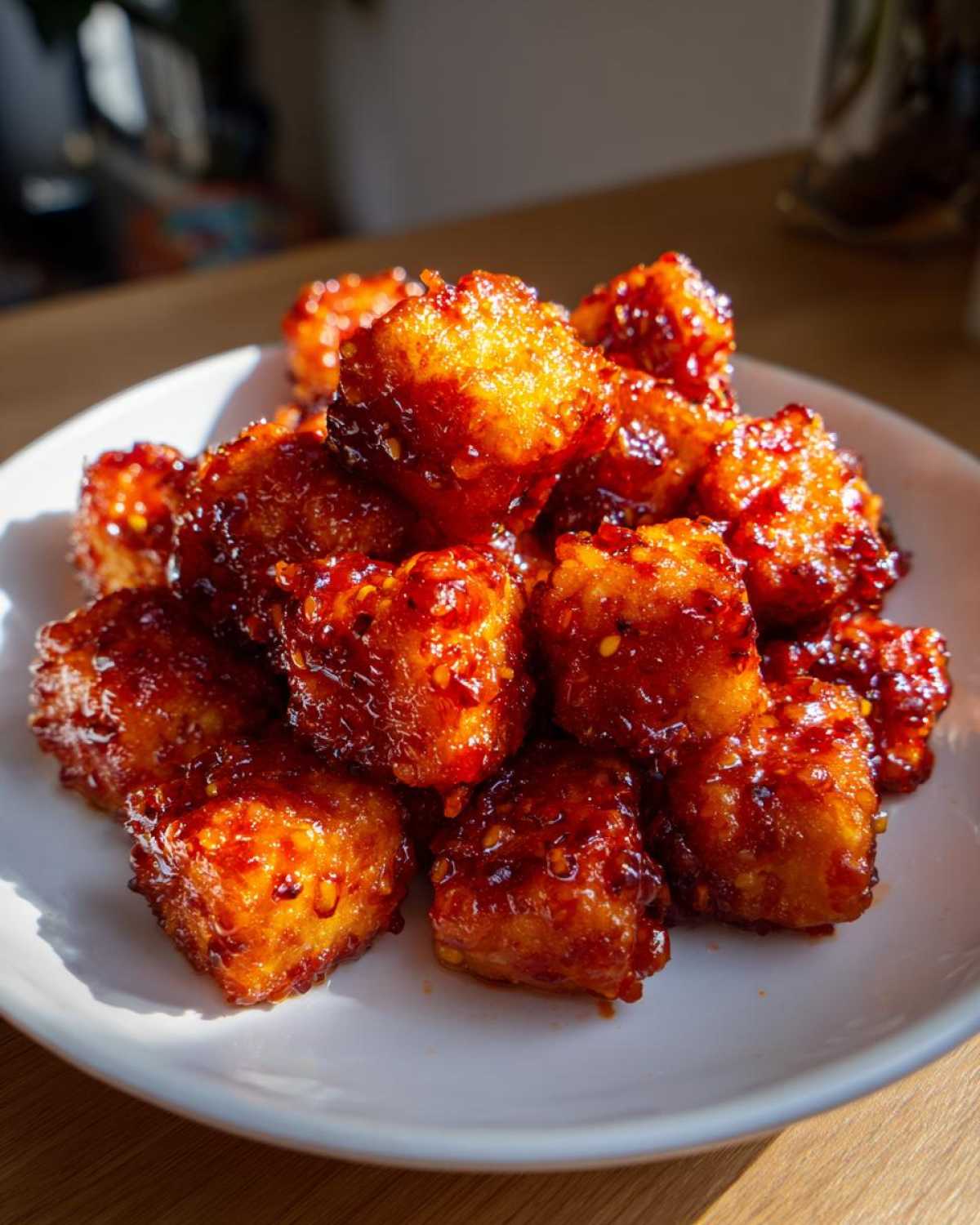 A pile of golden, crispy Air Fryer Crispy Tofu coated in a thick, glossy sweet chili glaze on a white plate.