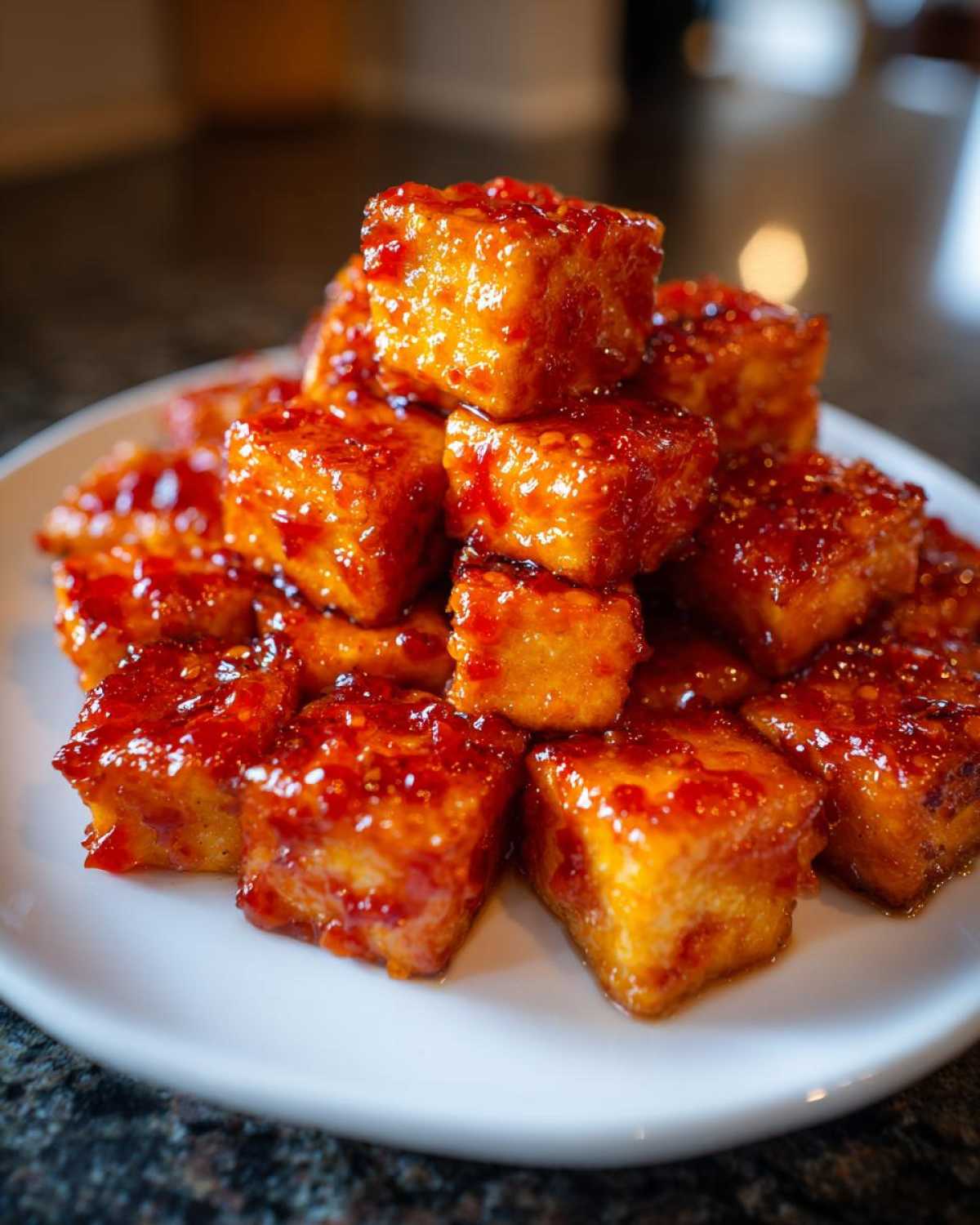 A stack of golden Air Fryer Crispy Tofu with Sweet Chili Glaze piled high on a white plate.