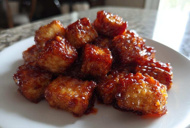 A pile of golden, crispy tofu cubes coated in a thick, shiny sweet chili glaze.