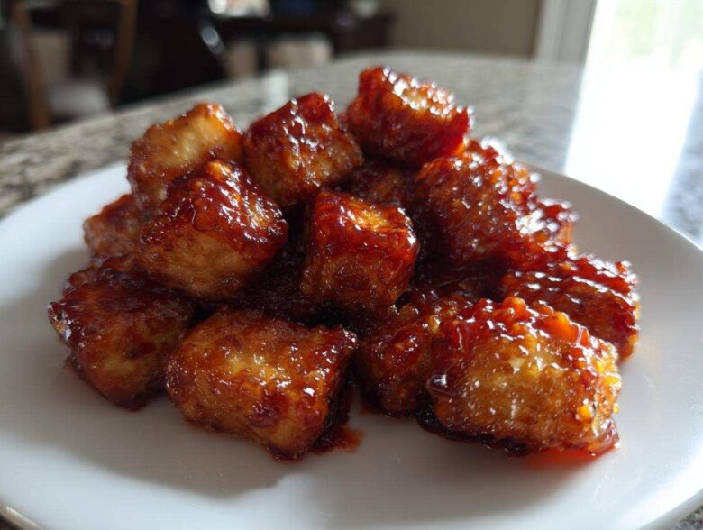 A pile of golden, crispy tofu cubes coated in a thick, shiny sweet chili glaze.
