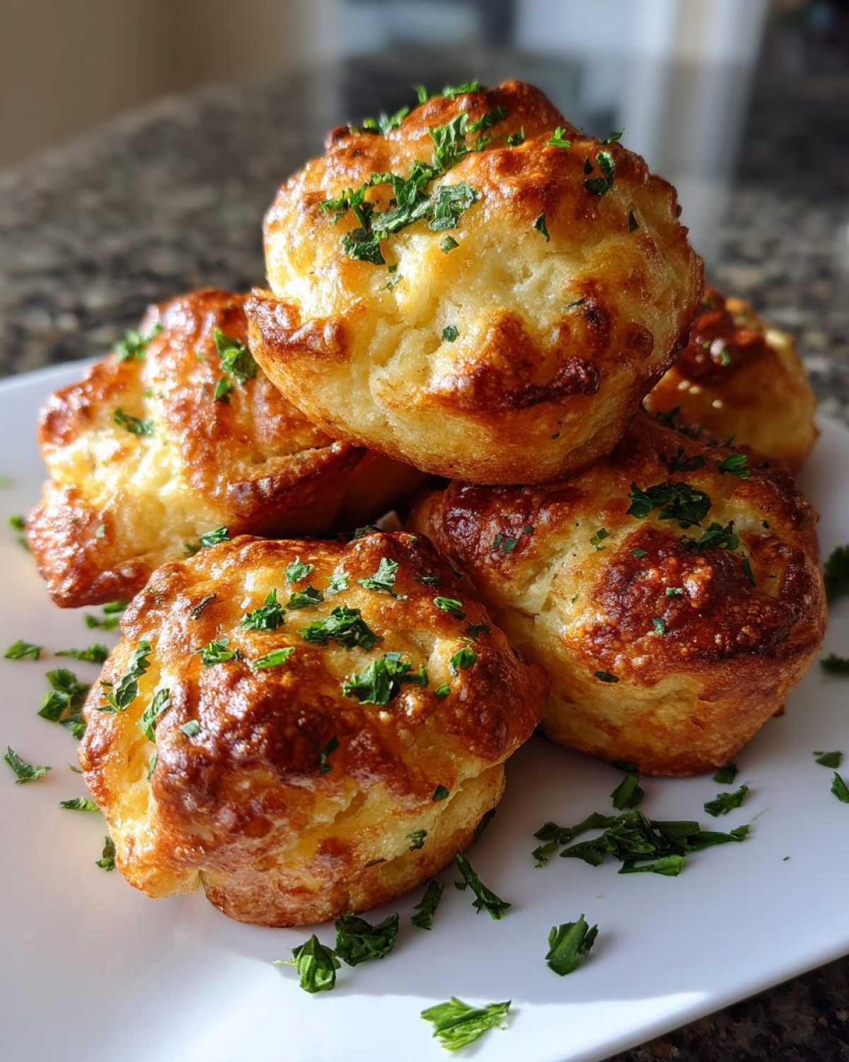 A stack of golden brown Air Fryer Garlic Knots, glistening and topped with fresh chopped parsley on a white plate.