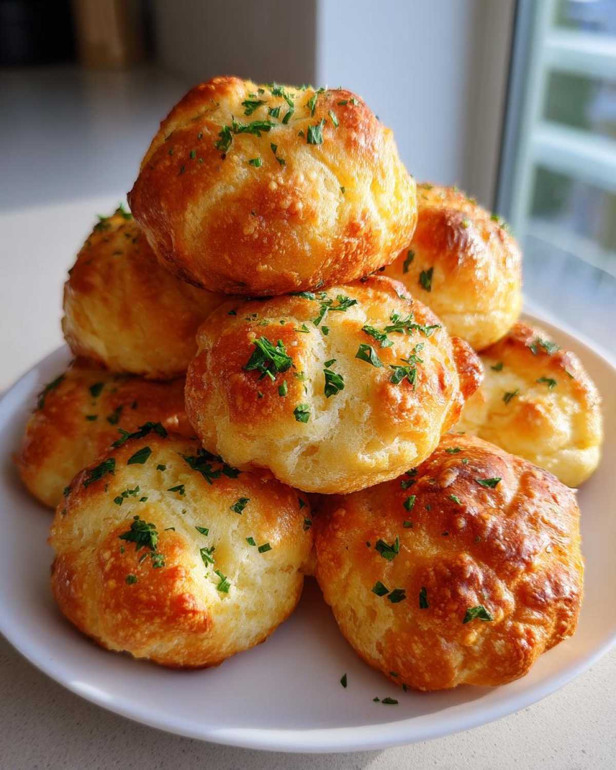 A stack of golden brown Air Fryer Garlic Knots topped with fresh chopped parsley on a white plate.