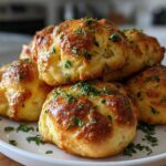 A stack of golden brown, fluffy Air Fryer Garlic Knots topped with melted butter and fresh parsley.