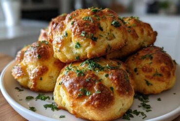 A stack of golden brown, fluffy Air Fryer Garlic Knots topped with melted butter and fresh parsley.