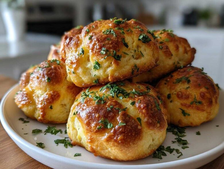 A stack of golden brown, fluffy Air Fryer Garlic Knots topped with melted butter and fresh parsley.