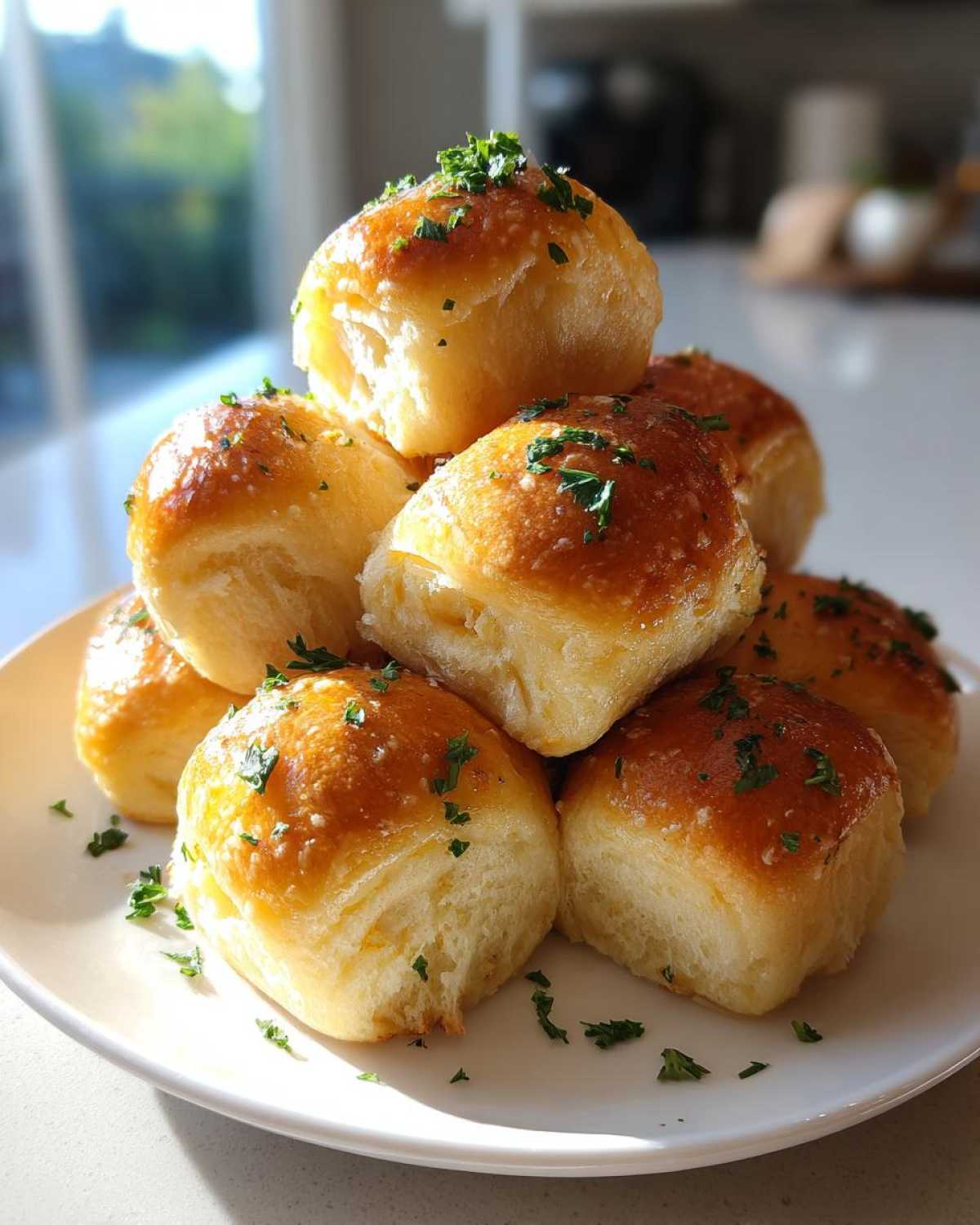 A stack of golden brown Air Fryer Garlic Knots brushed with butter and topped with fresh parsley on a white plate.