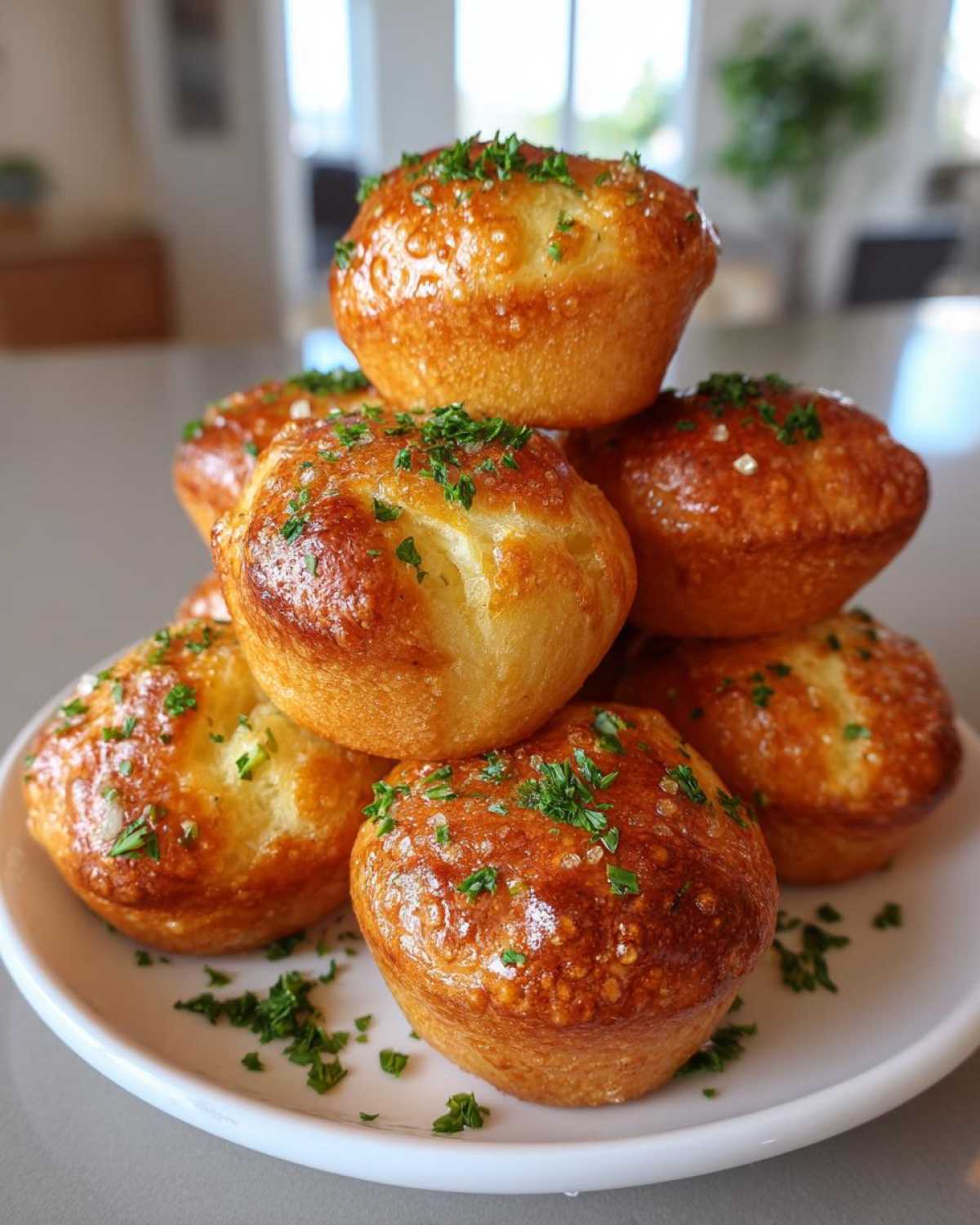 A stack of golden brown Air Fryer Garlic Knots, glistening with butter and topped with fresh parsley.