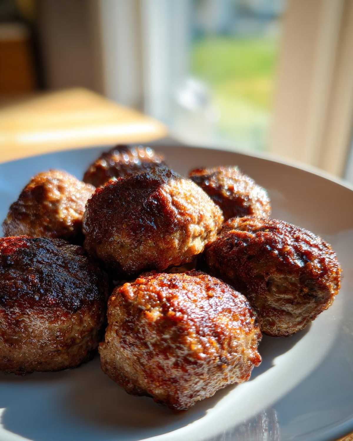 A close-up of several browned Air Fryer Italian Meatballs resting on a white plate, illuminated by natural sunlight.