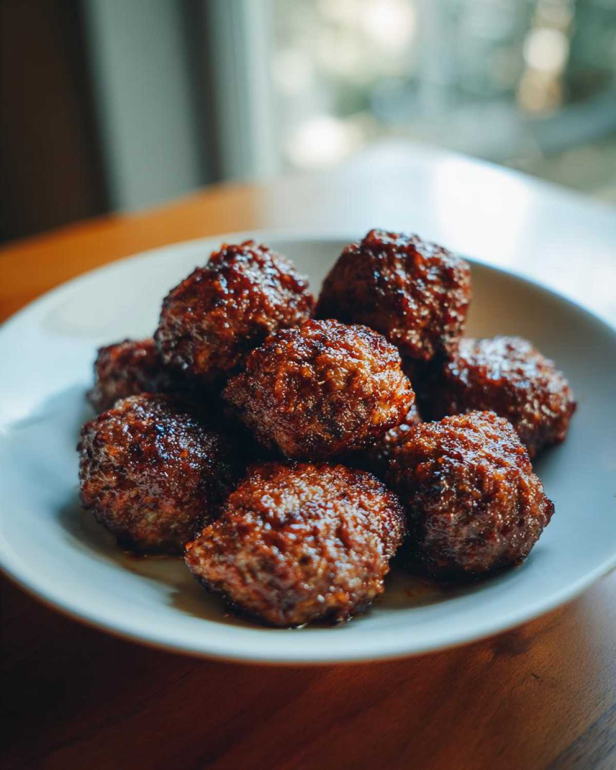 A close-up of several perfectly browned and glazed Air Fryer Italian Meatballs piled on a light blue plate.