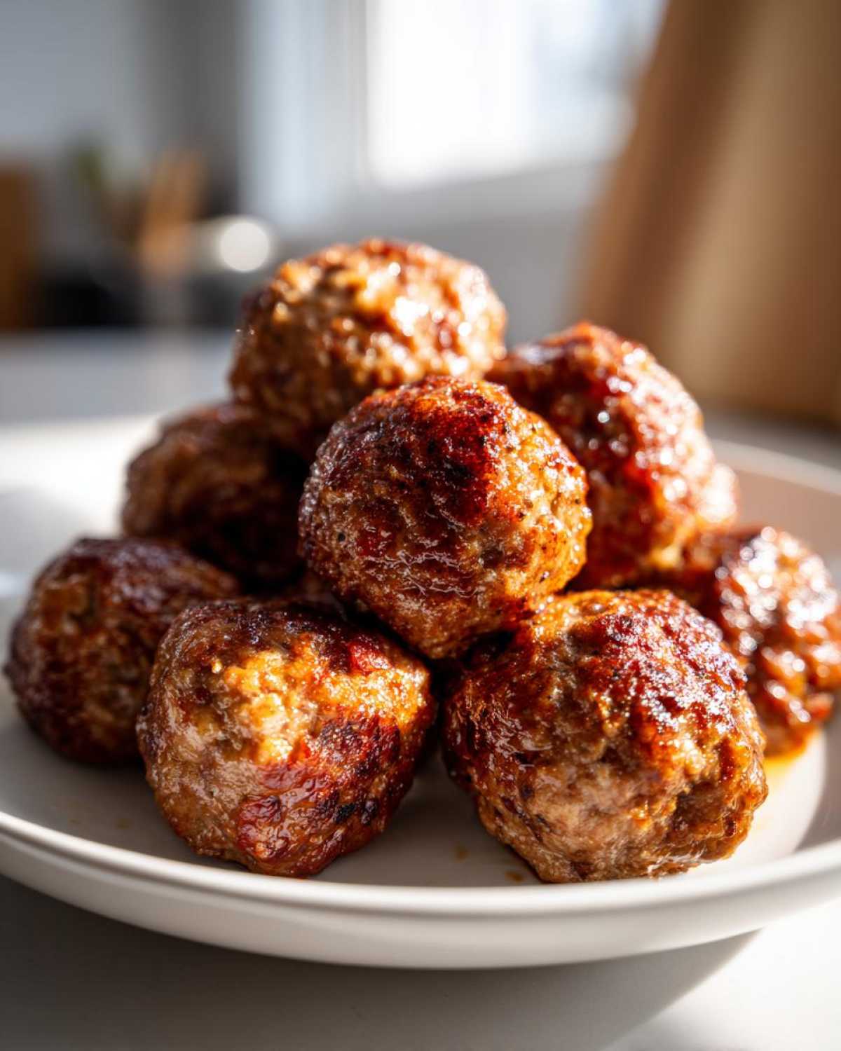 A close-up stack of golden-brown, juicy Air Fryer Italian Meatballs resting on a white plate.