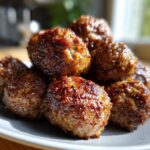 A close-up stack of juicy, browned Air Fryer Italian Meatballs resting on a light gray plate.