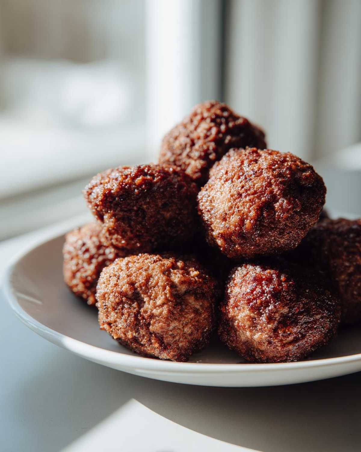 A stack of freshly cooked, richly browned Air Fryer Italian Meatballs piled high on a white plate.