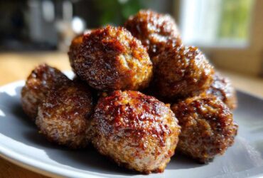 A close-up stack of juicy, browned Air Fryer Italian Meatballs resting on a light gray plate.