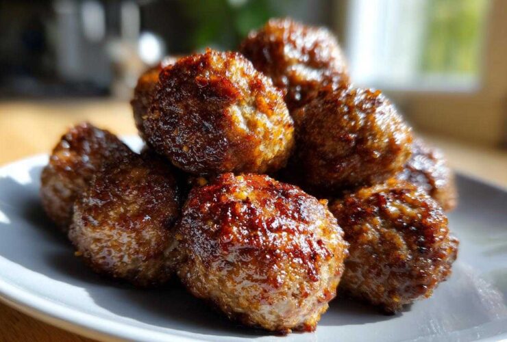 A close-up stack of juicy, browned Air Fryer Italian Meatballs resting on a light gray plate.