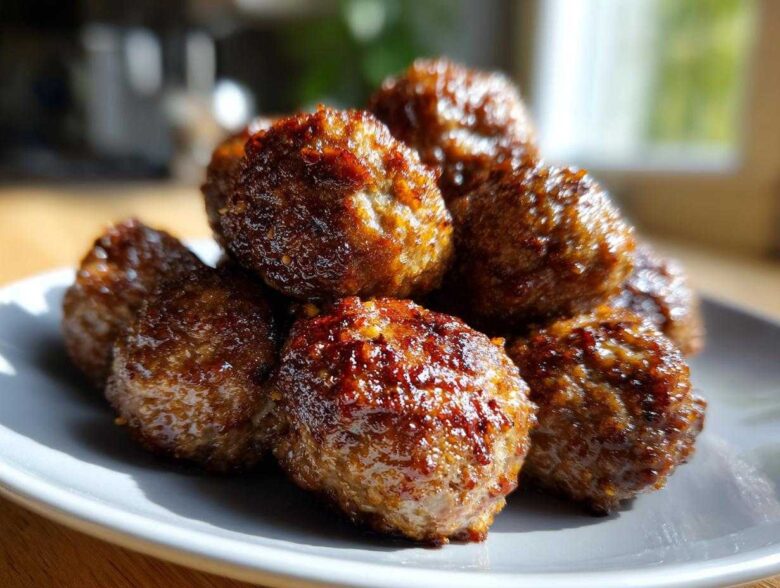 A close-up stack of juicy, browned Air Fryer Italian Meatballs resting on a light gray plate.