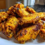 A close-up of crispy, golden Air Fryer Lemon Pepper Wings piled high on a white plate.