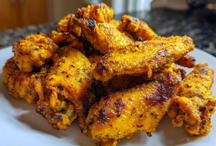 A close-up of crispy, golden Air Fryer Lemon Pepper Wings piled high on a white plate.
