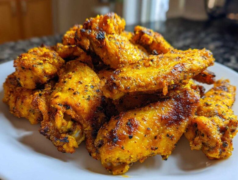 A close-up of crispy, golden Air Fryer Lemon Pepper Wings piled high on a white plate.