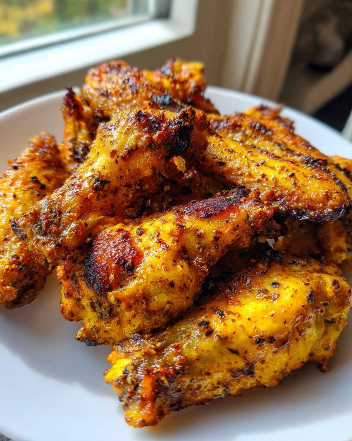 Close-up of several crispy Air Fryer Lemon Pepper Wings piled on a white plate.