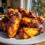 A close-up of a pile of perfectly cooked Air Fryer Lemon Pepper Wings with crispy, charred edges on a white plate.