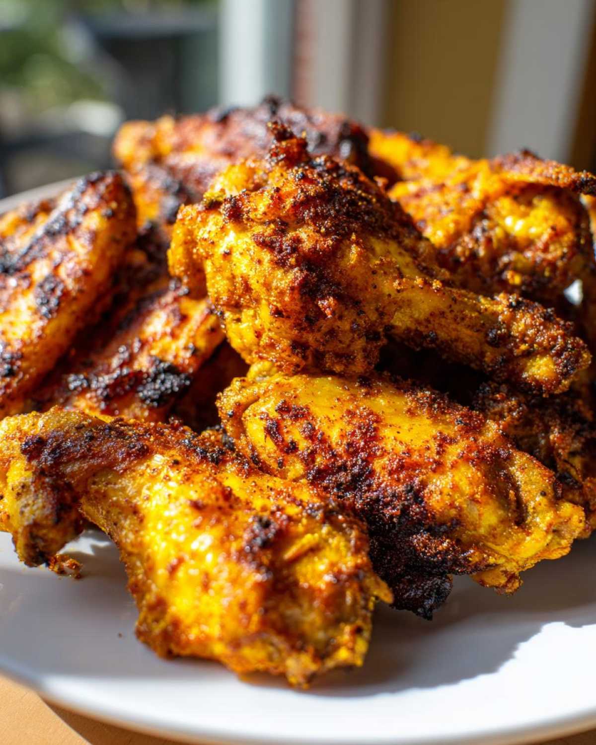 Close-up of a pile of crispy, golden Air Fryer Lemon Pepper Wings seasoned with dark spices.