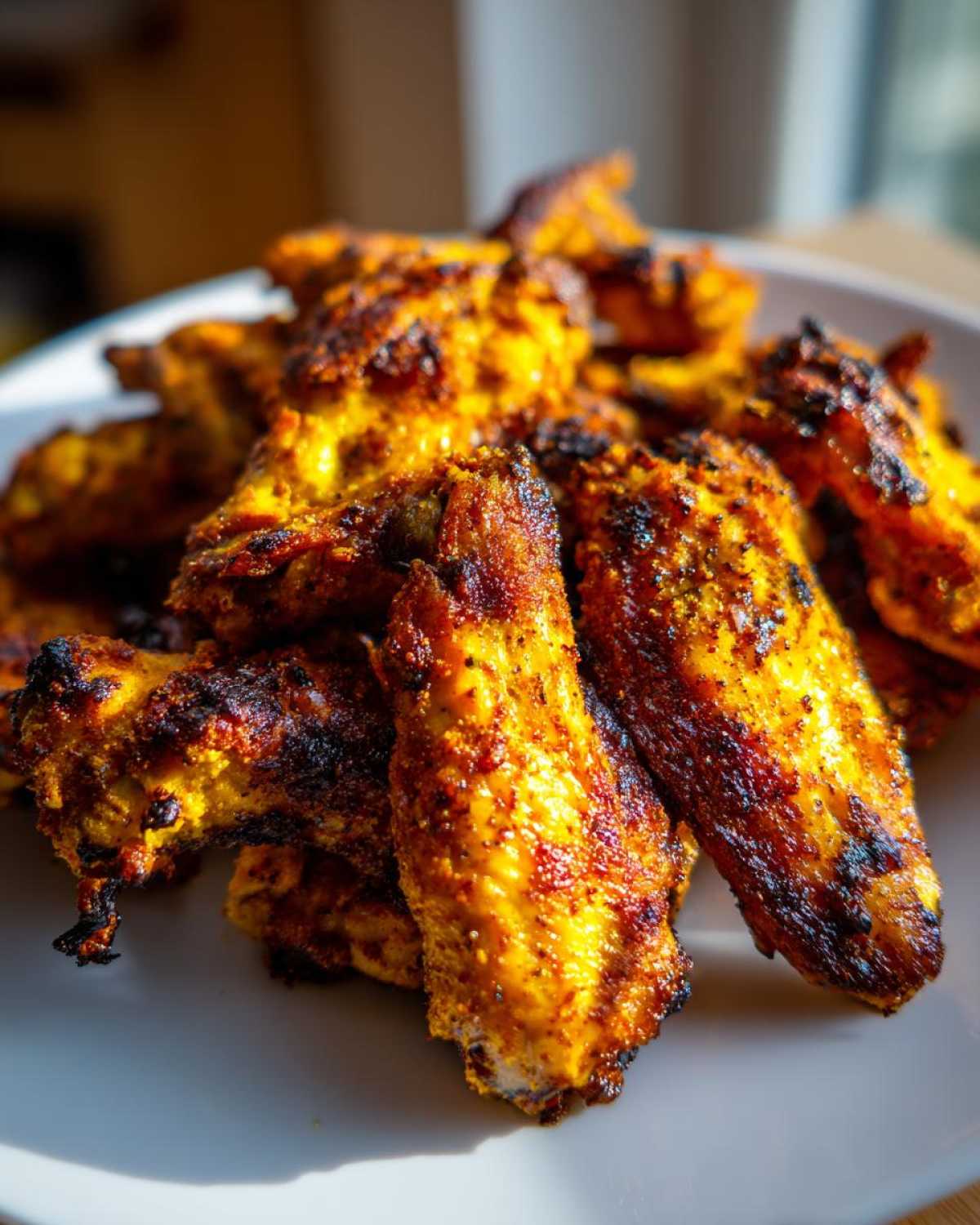 A close-up of crispy, golden-brown Air Fryer Lemon Pepper Wings piled high on a white plate.